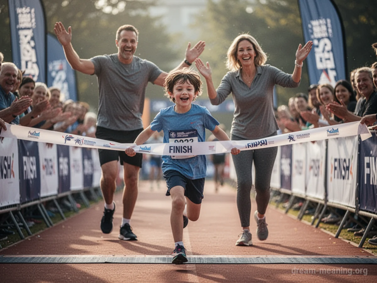 A child running towards a finish line with a parent watching from the side.