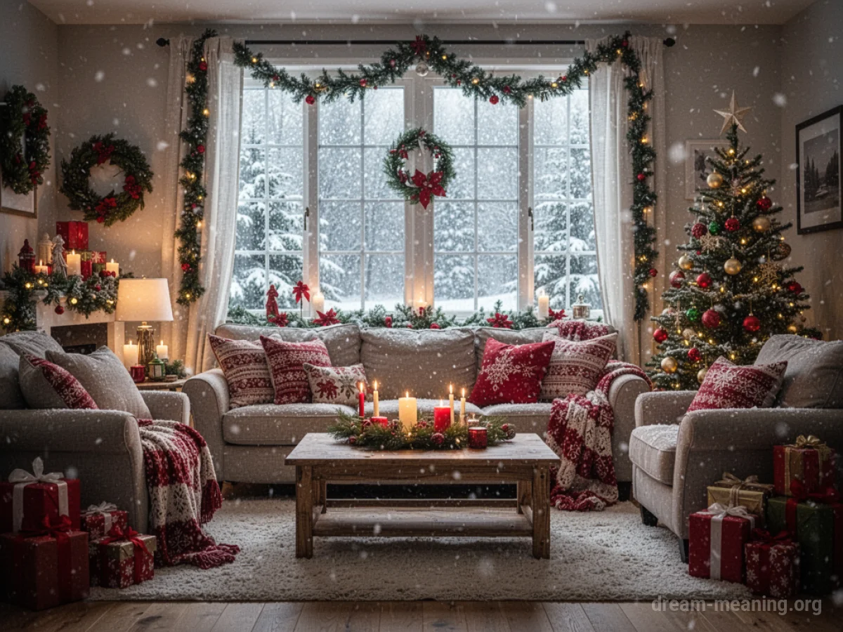 A snowy winter scene outside a window with Christmas decorations visible inside a room.