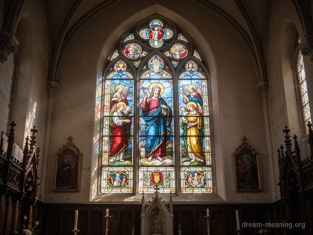 A view through a church's stained-glass window.