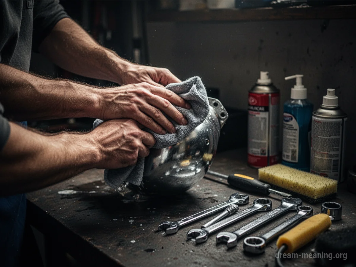 Hands cleaning a metallic object with a cloth.
