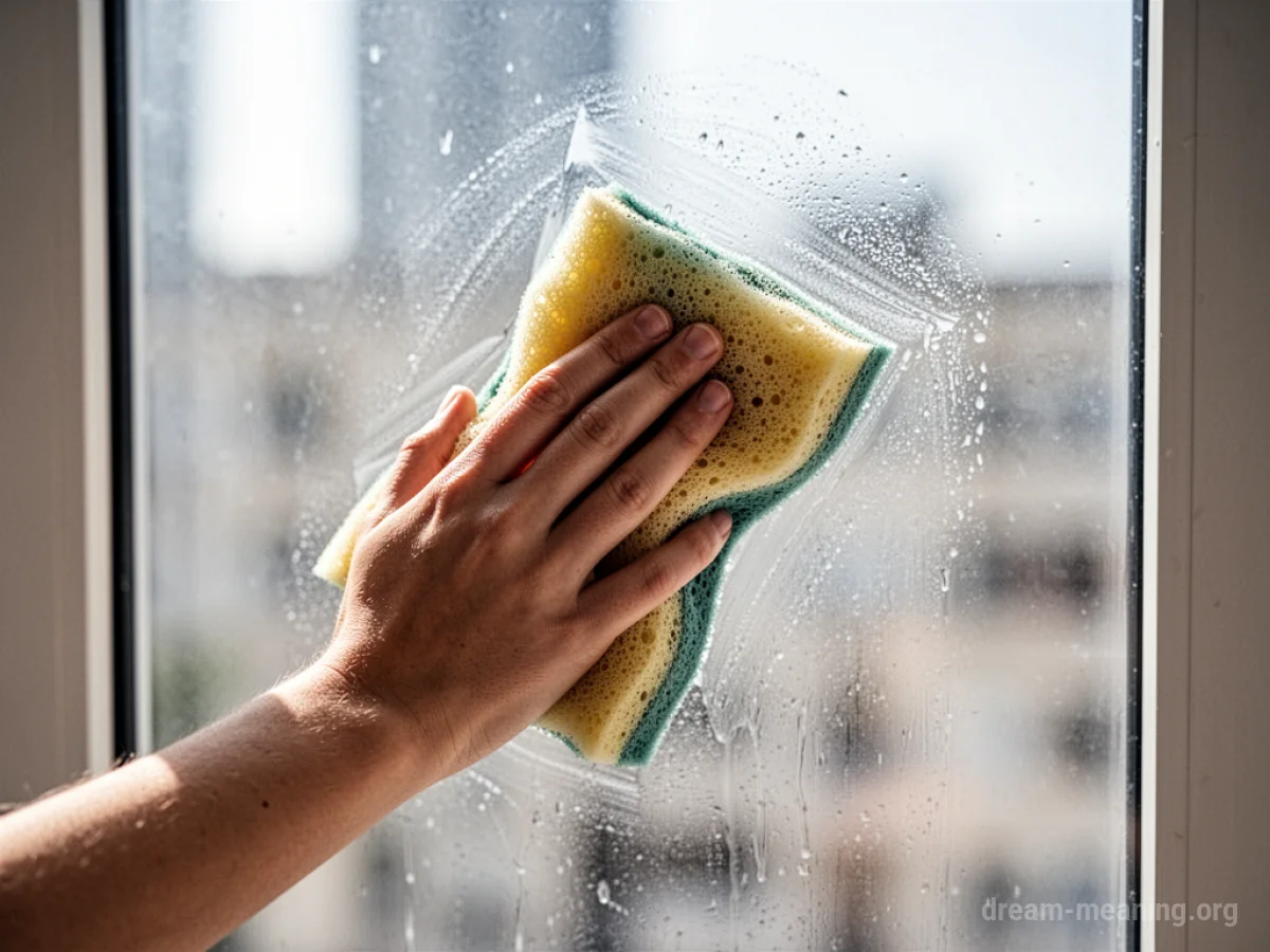 A hand wiping a glass window with a sponge.