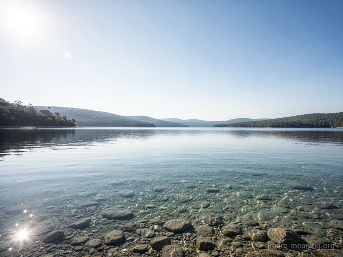 A still lake with exceptionally clear water under a blue sky.