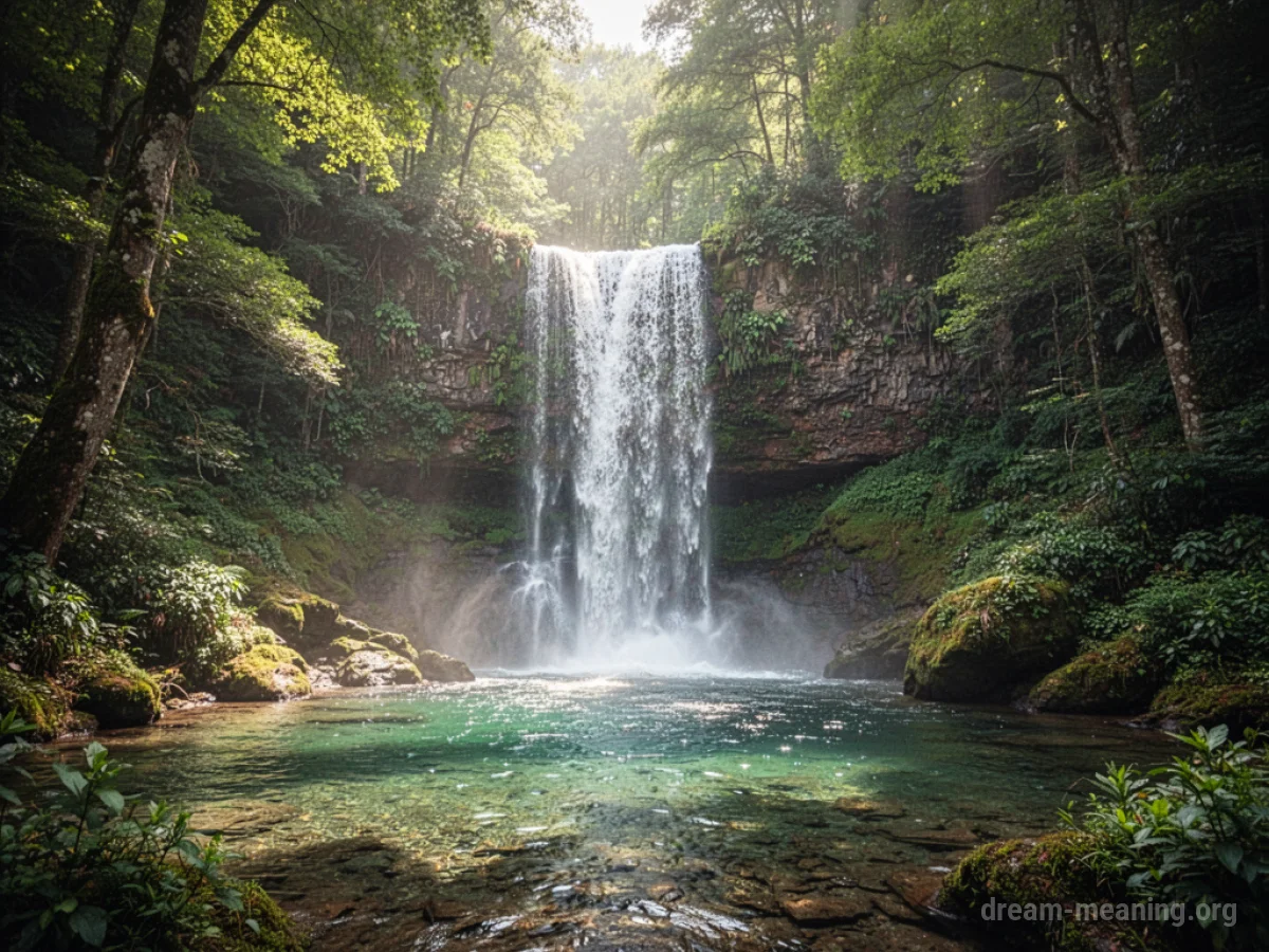 A waterfall with crystal clear water flowing into a serene pool.