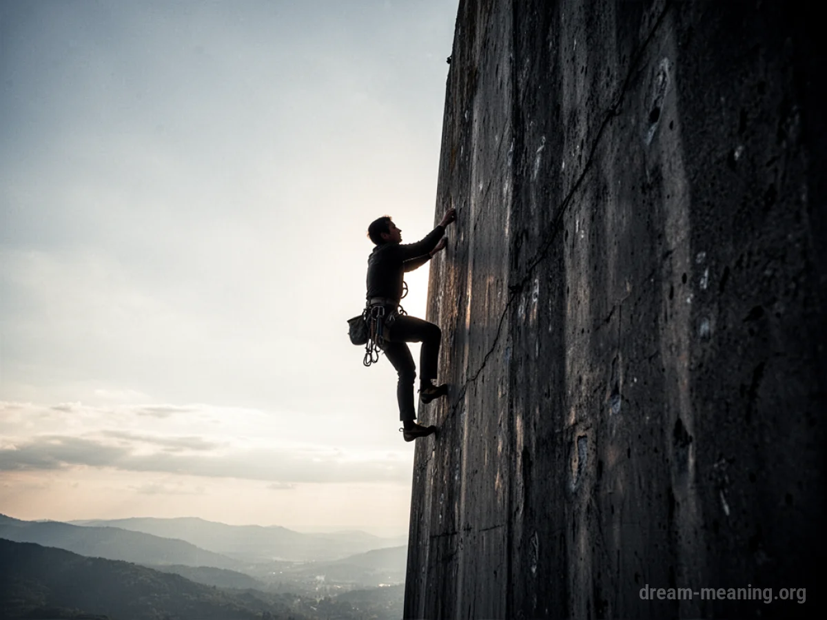 Silhouette of a person climbing a high wall.