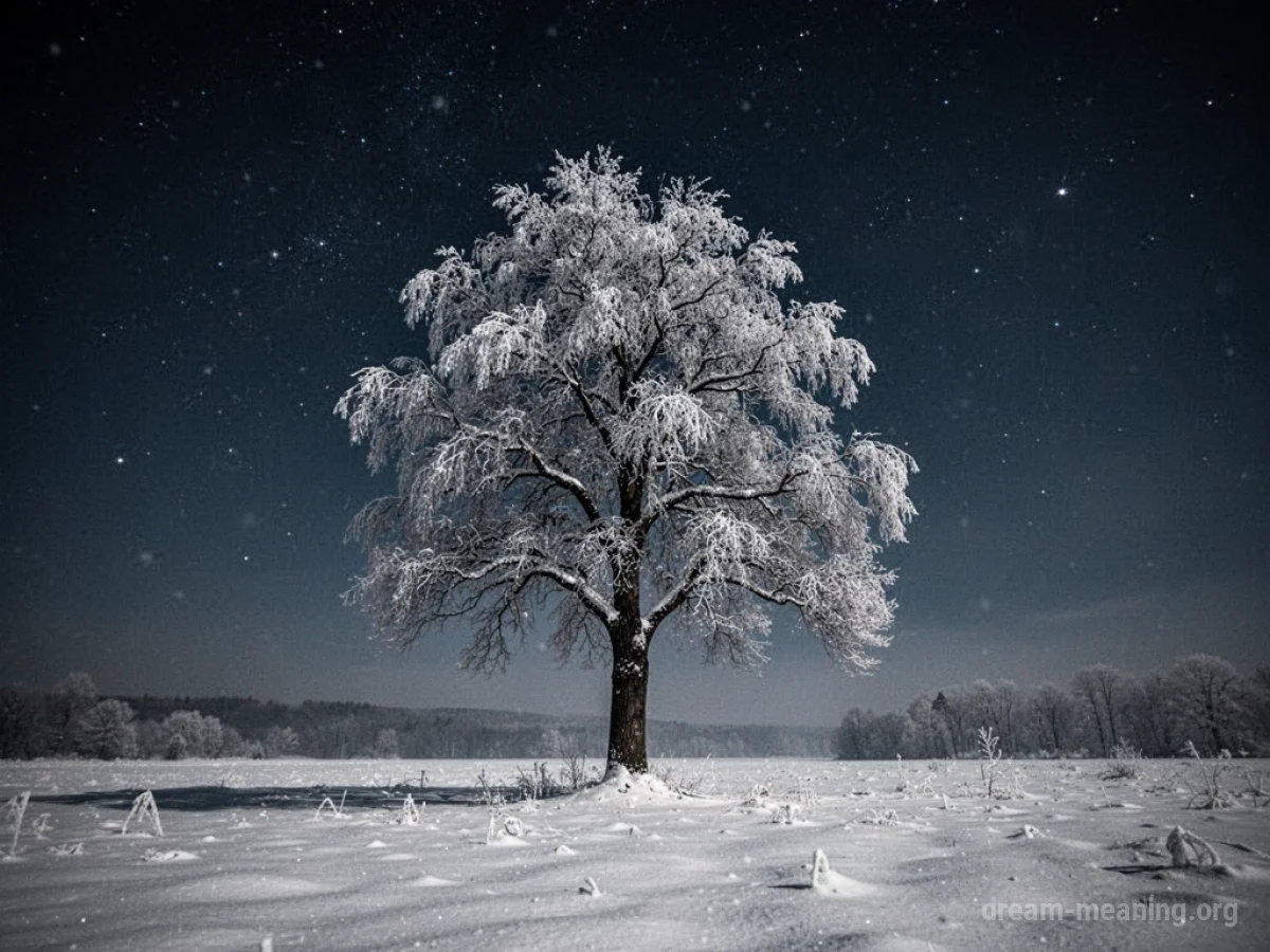 A single tree in snow under a night sky