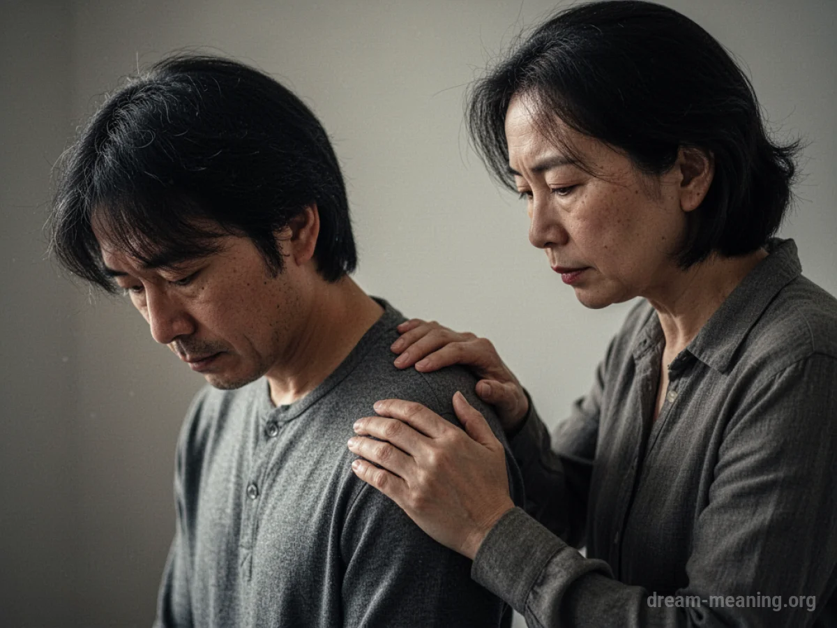 One person gently touching another person's shoulder.
