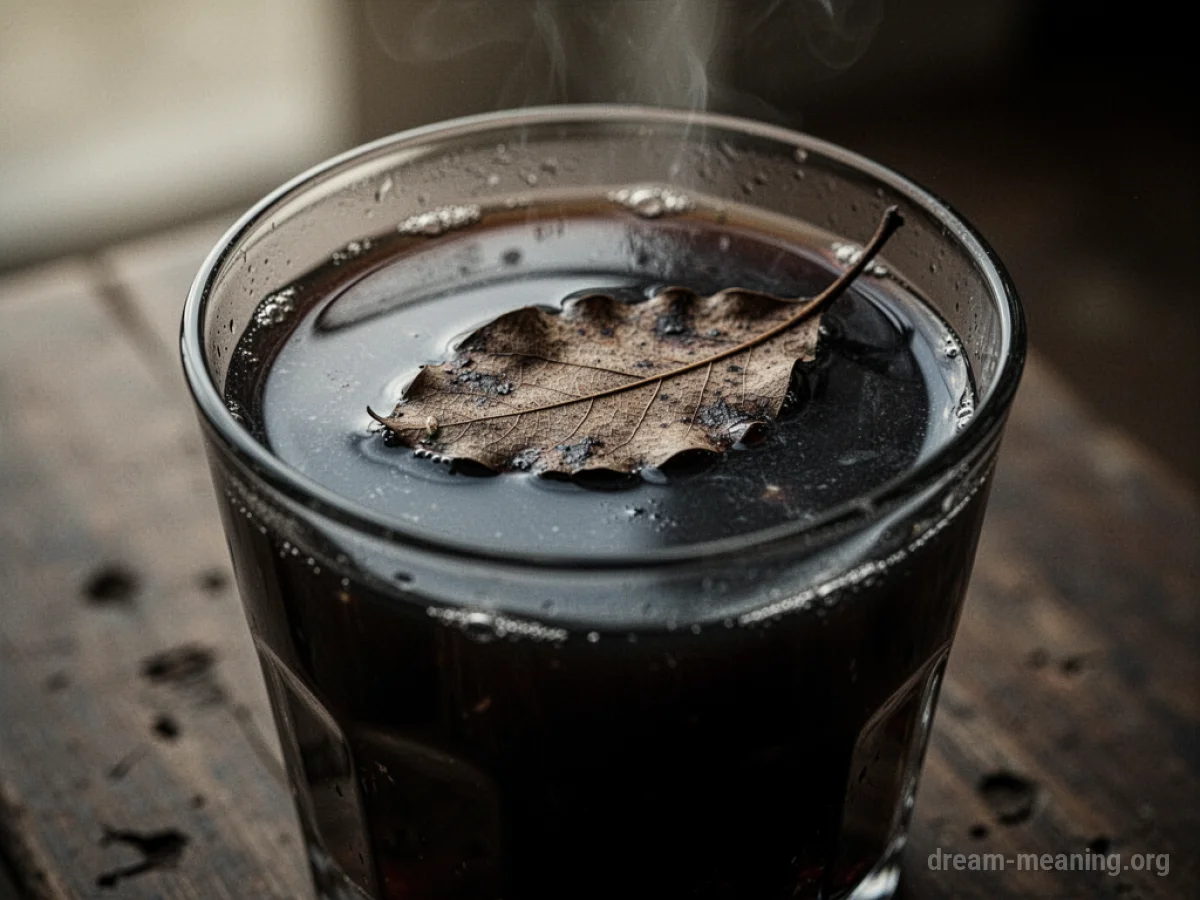 A glass filled with dark, murky liquid and a fallen leaf.