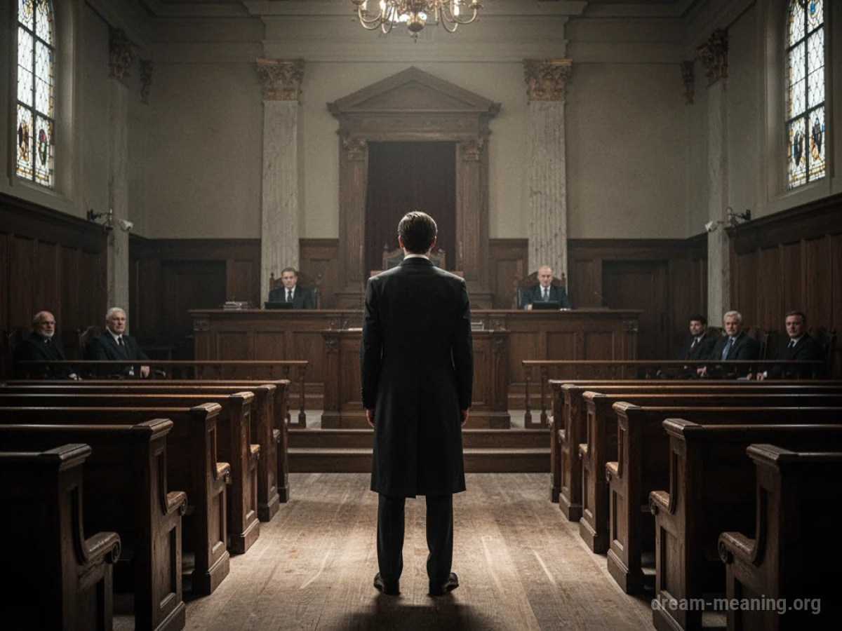 A person stands alone in a shadowy courtroom.