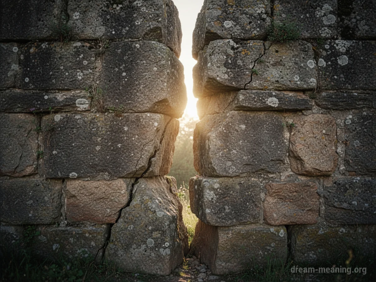 A stone wall with a visible crack down the middle.