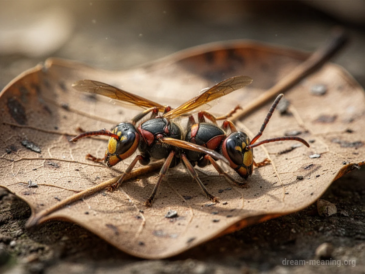 A deceased wasp resting on a dry leaf.