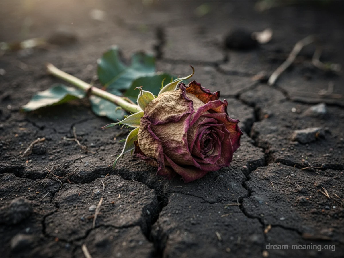 A wilting rose on dry, cracked ground.