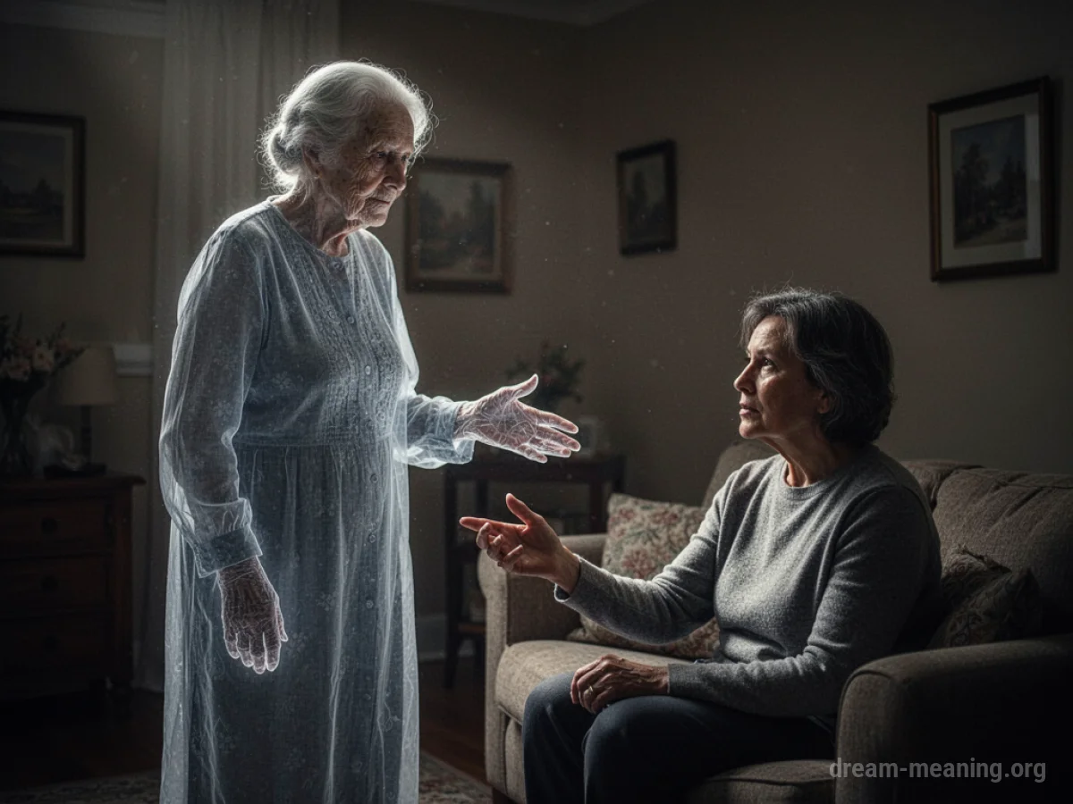 A translucent figure stands in a dimly lit room, gesturing towards a living person.