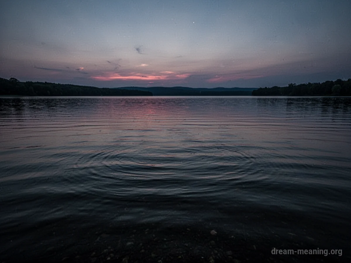 Dark, still water surface under a twilight sky.