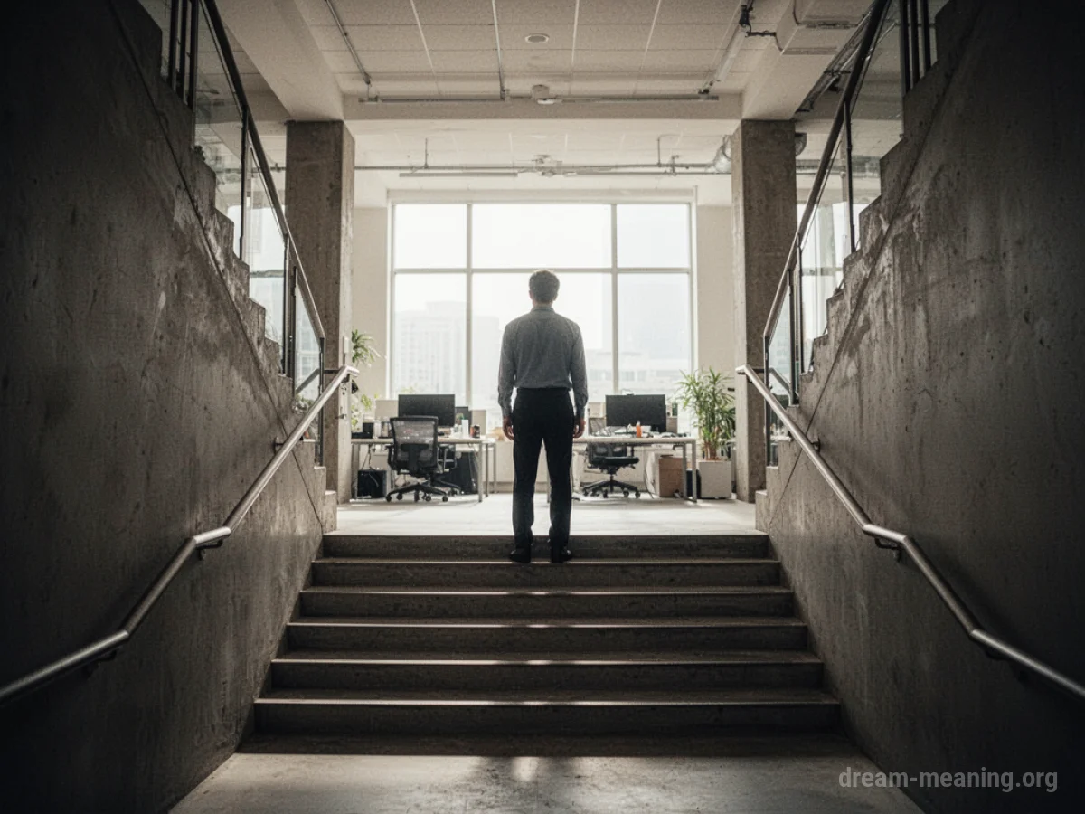 A person standing on a lower stair, looking up towards a higher level.