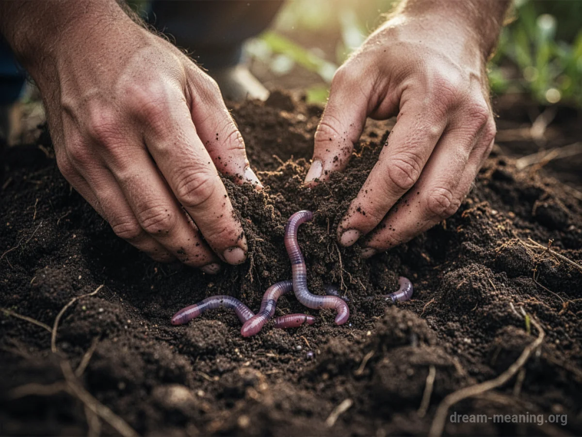 Hands in soil digging up earthworms.