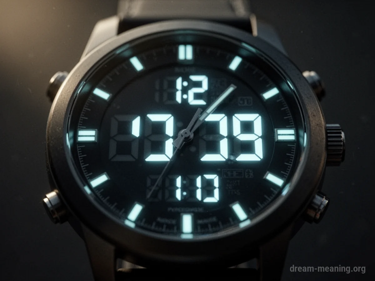 Close-up of a digital watch face with glowing numbers.
