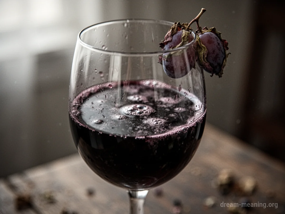 A wine glass with dark, unappealing liquid and a wilting grape.