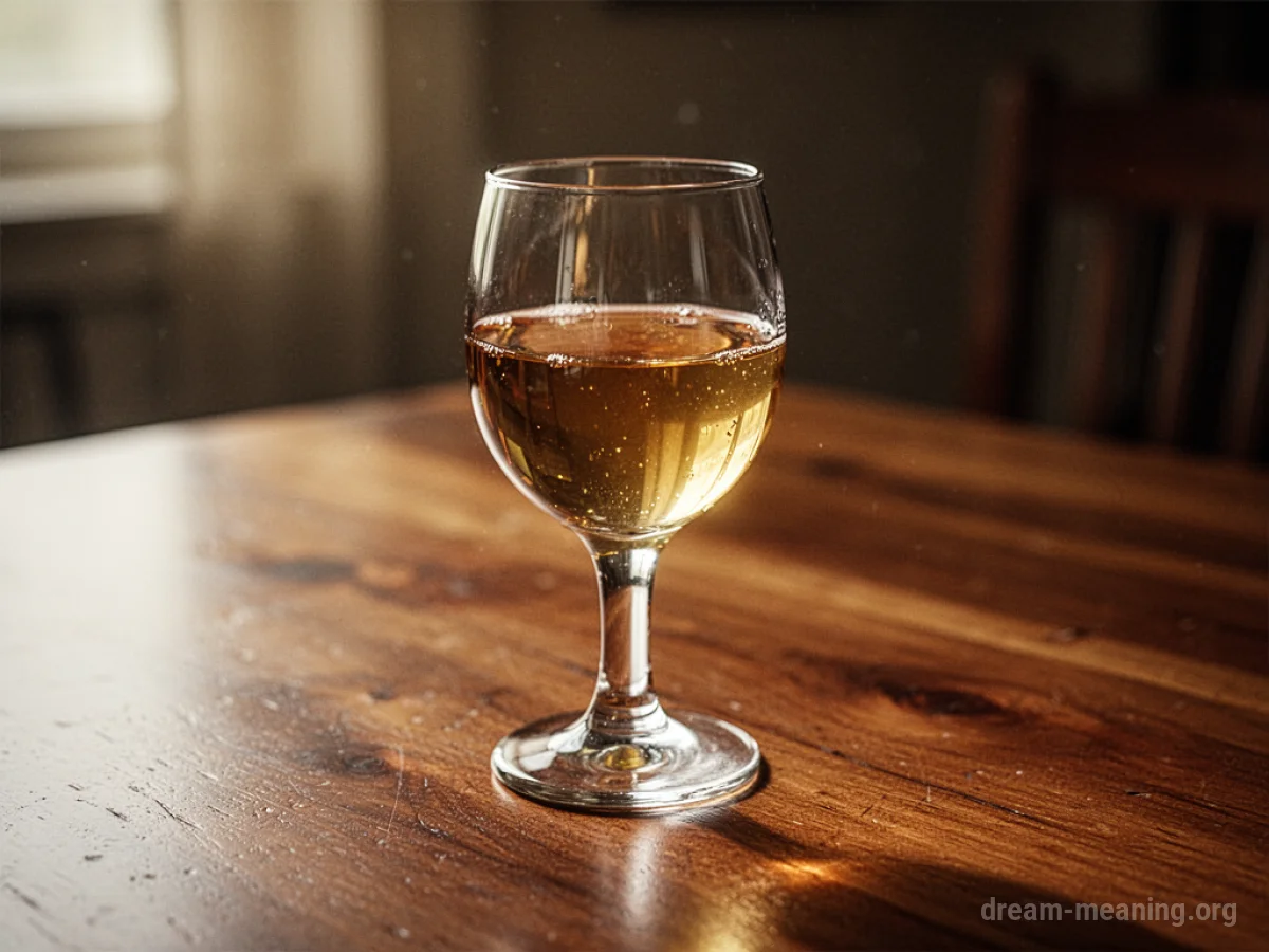 A glass of golden wine on a wooden table.