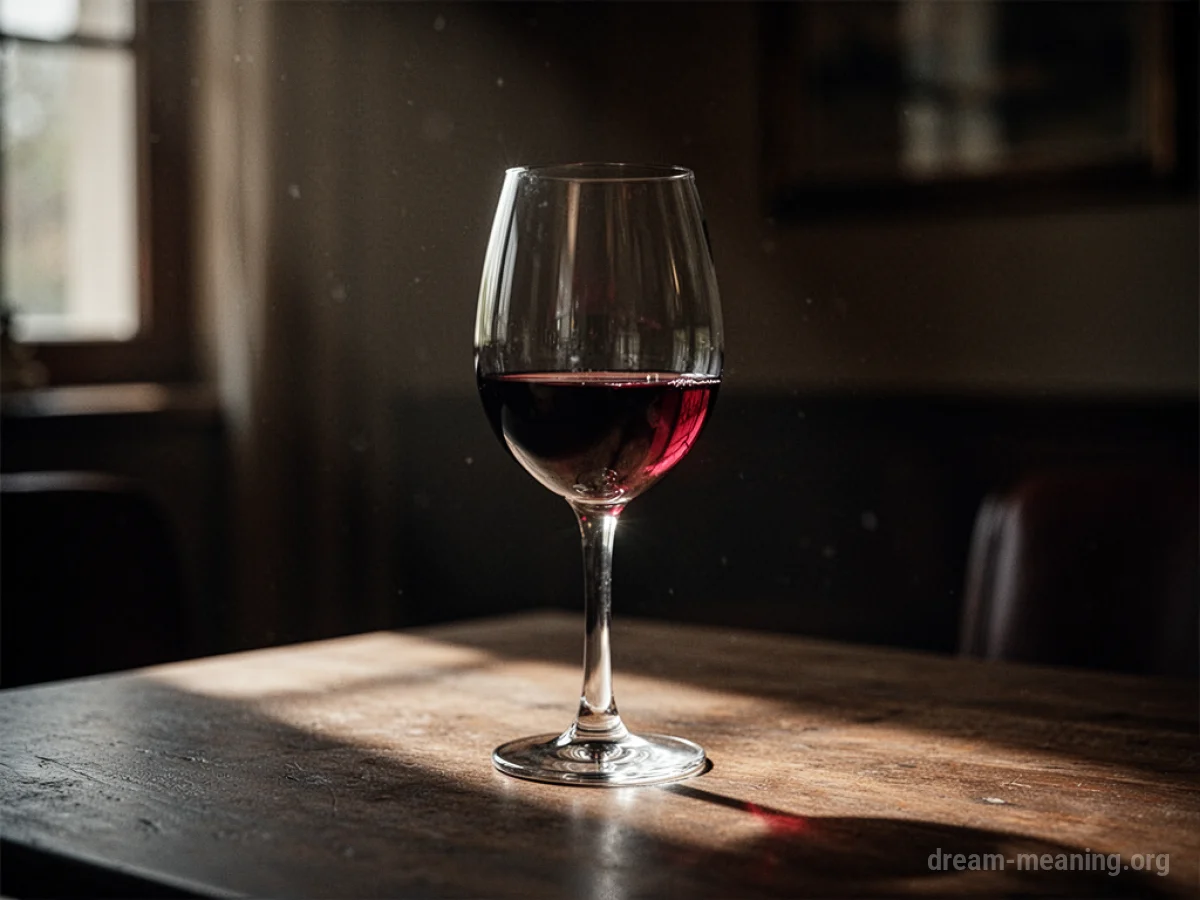 A solitary wine glass on a table in a quiet room.