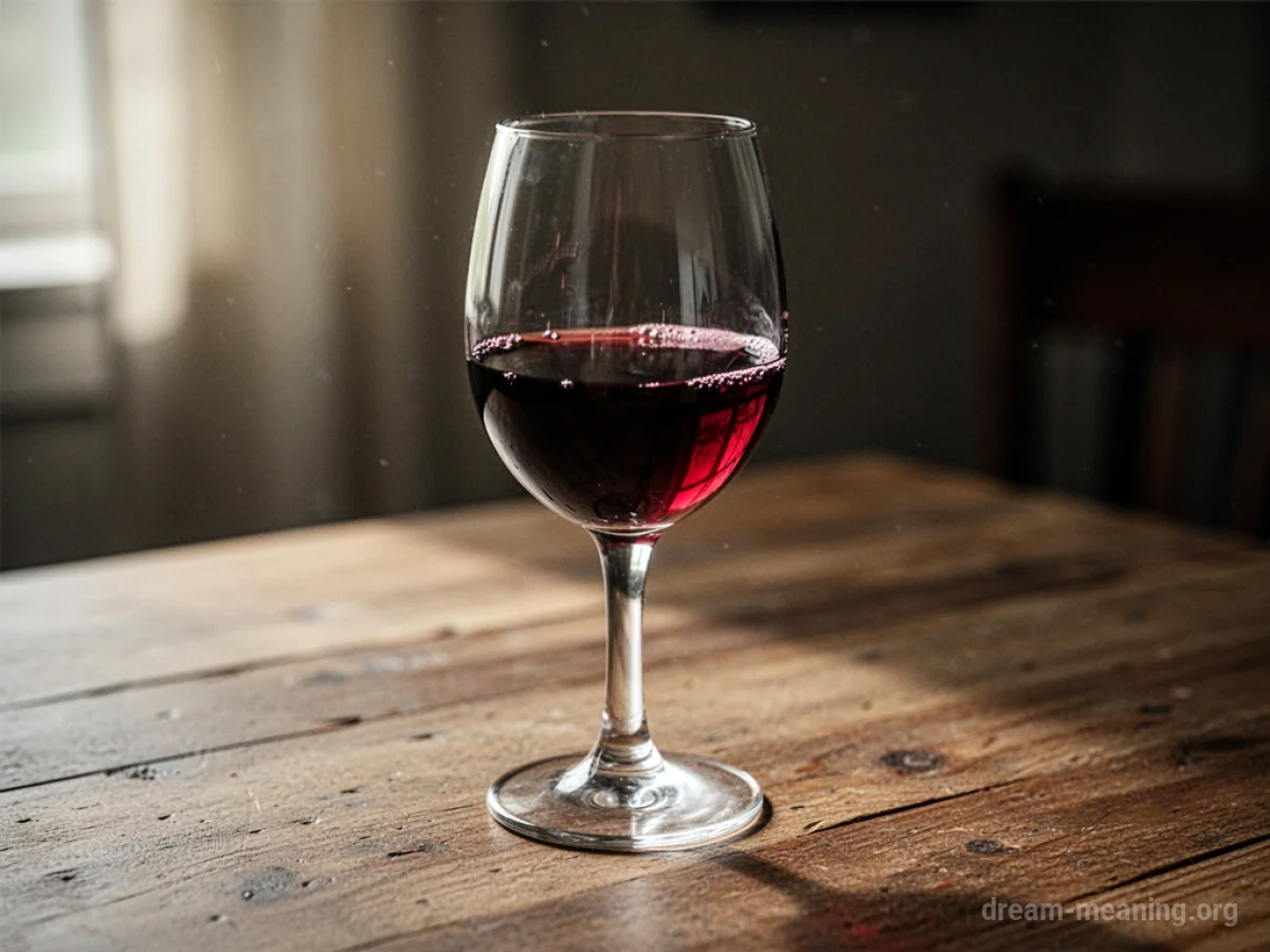A glass of red wine on a wooden surface.