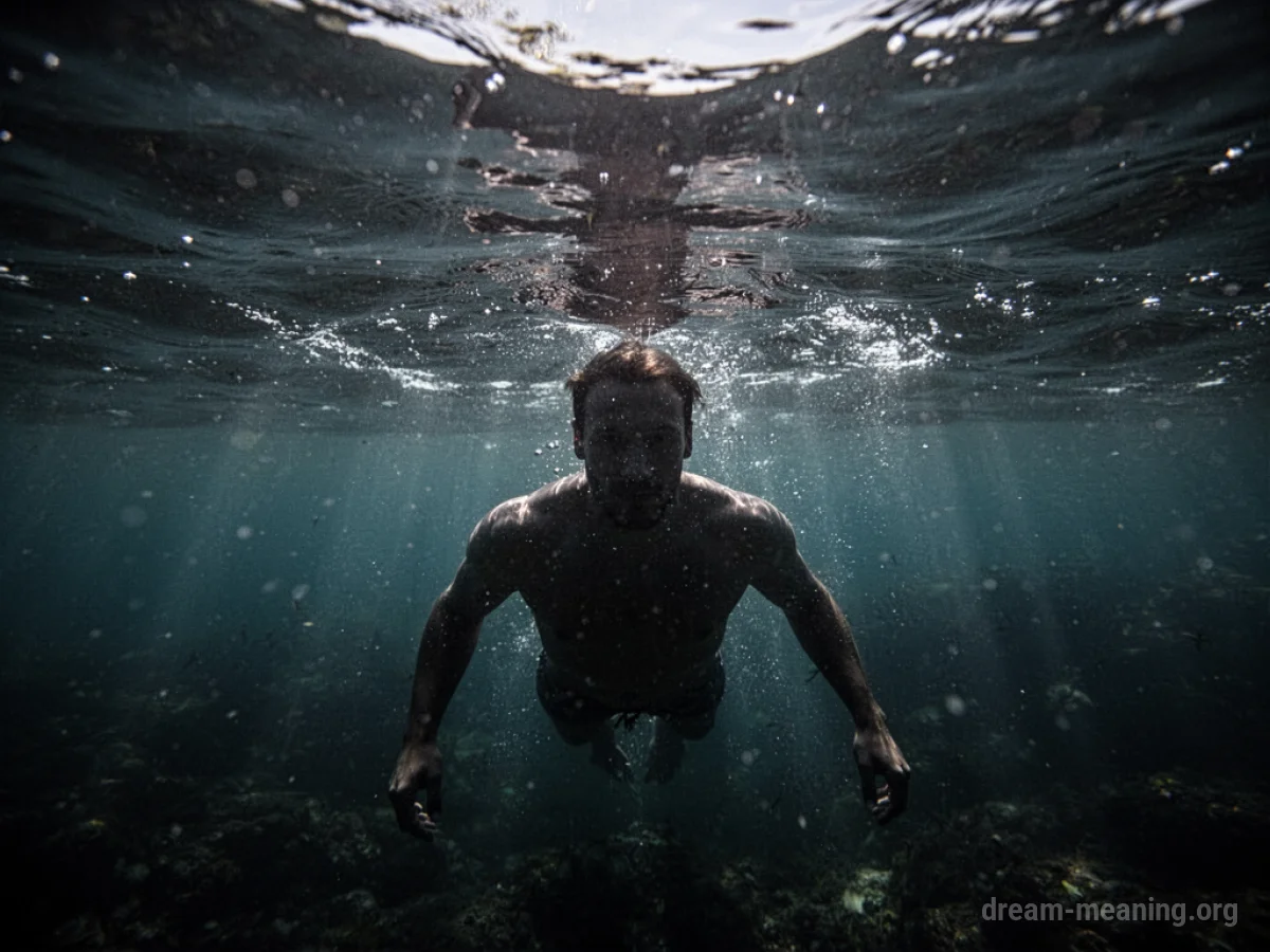 Silhouette of a person underwater in dark, choppy water.
