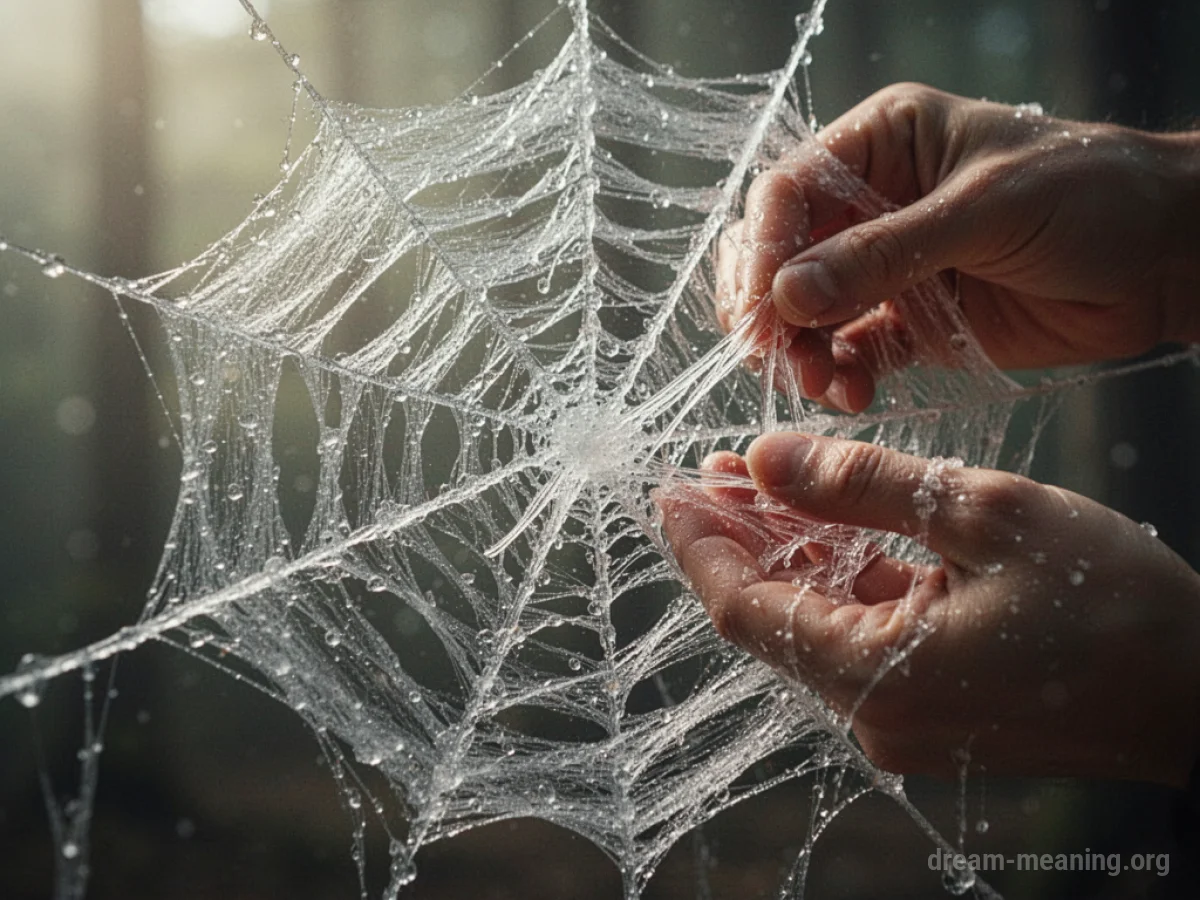 A hand pulling a strand of a translucent web into a mouth.