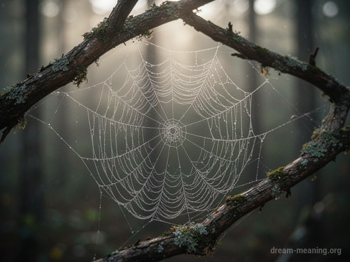 An empty spider web hanging between two tree branches.