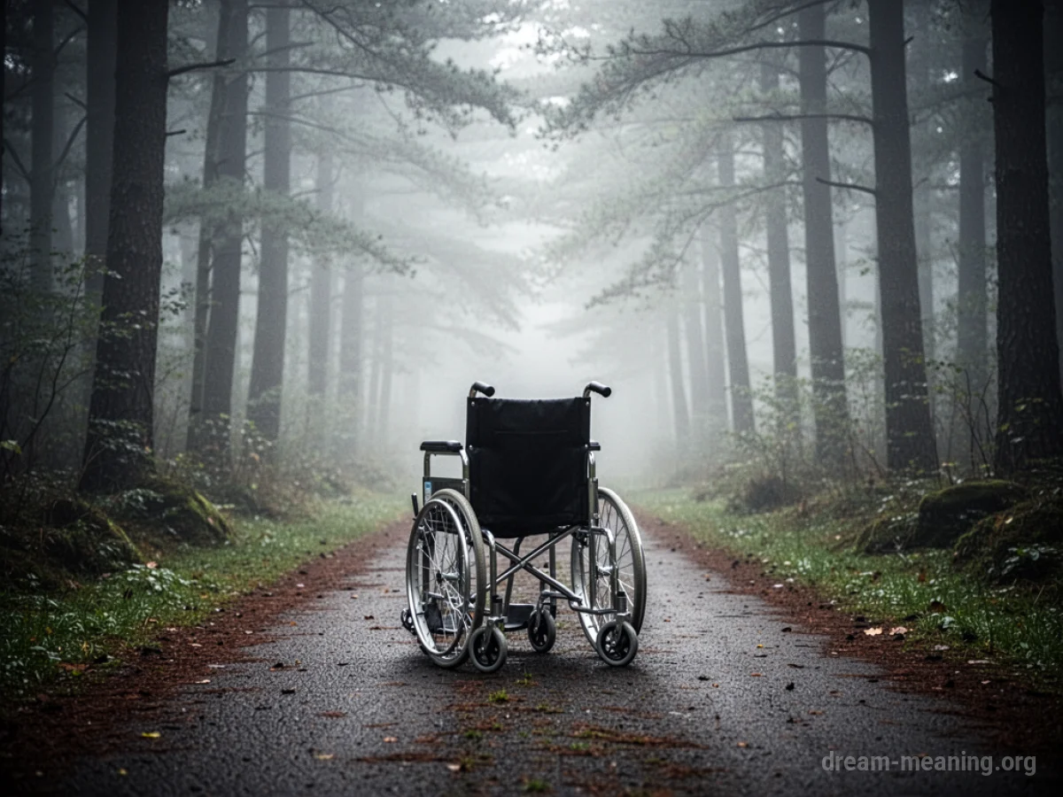 An empty wheelchair on a path in front of a misty forest.