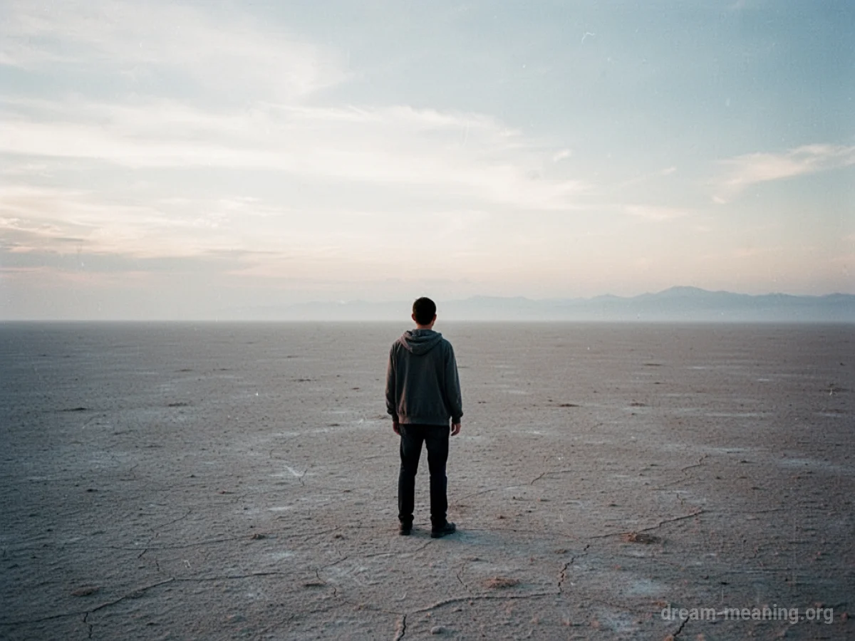 A solitary figure stands in a desolate, open space under a pale sky.