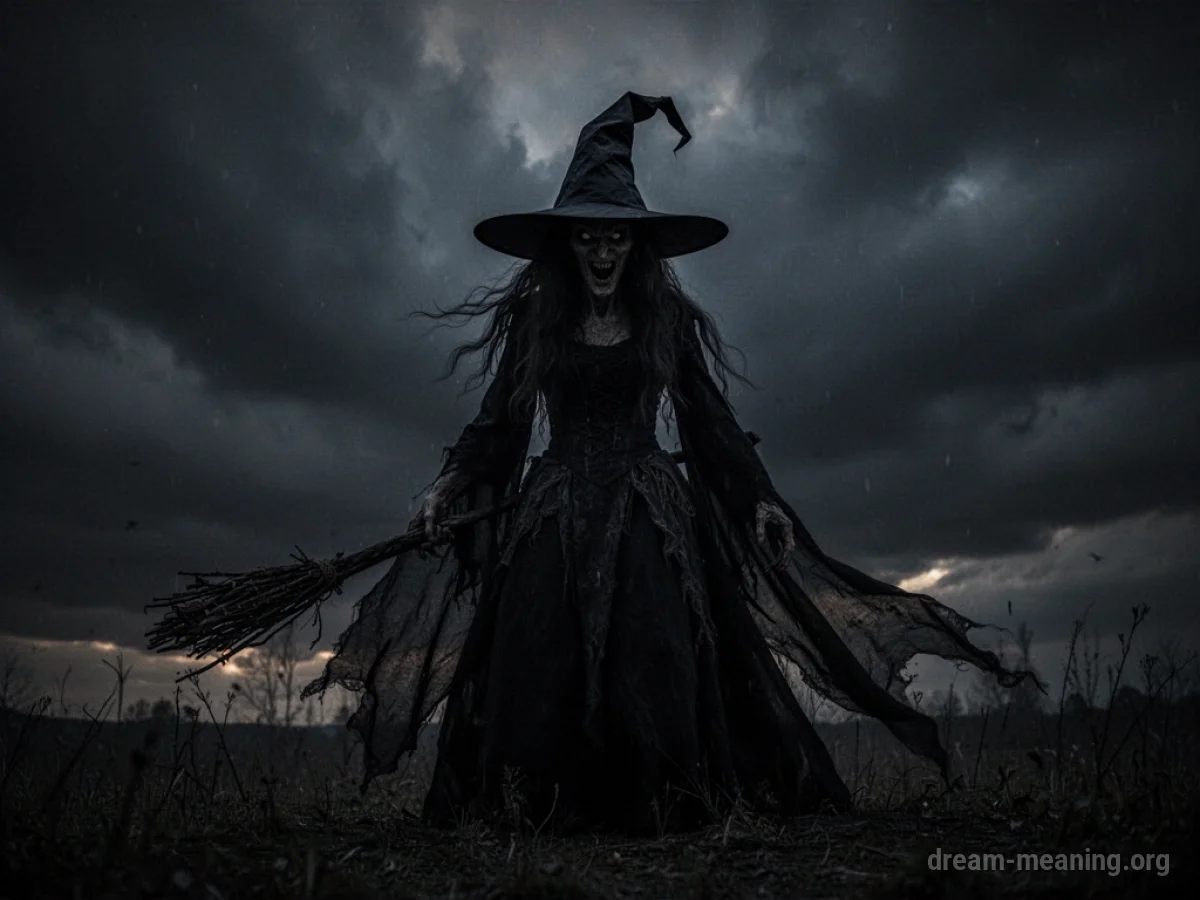 Silhouette of a witch against a dark, stormy sky.