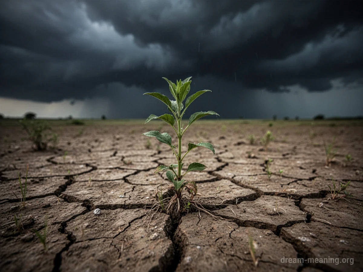 Dry, cracked earth under a dark, turbulent sky with a small green sprout.