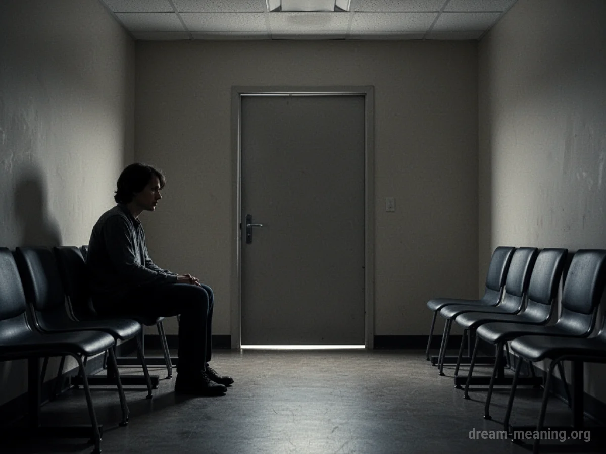 Silhouette of a person sitting in an empty waiting room facing a closed door.