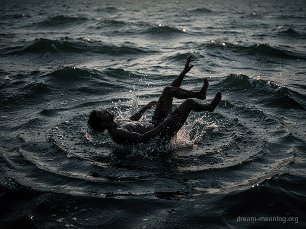 Silhouette of a person falling into dark, rippling water.