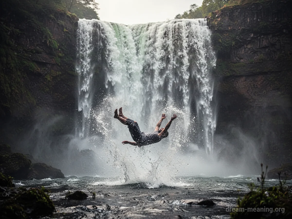 Silhouette falling into a waterfall.