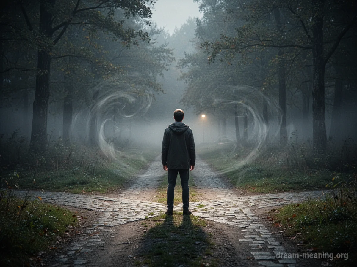 A person stands at a fork in the road under a hazy sky.