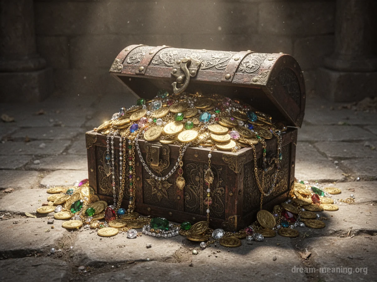 An open chest filled with gold coins and precious gems.