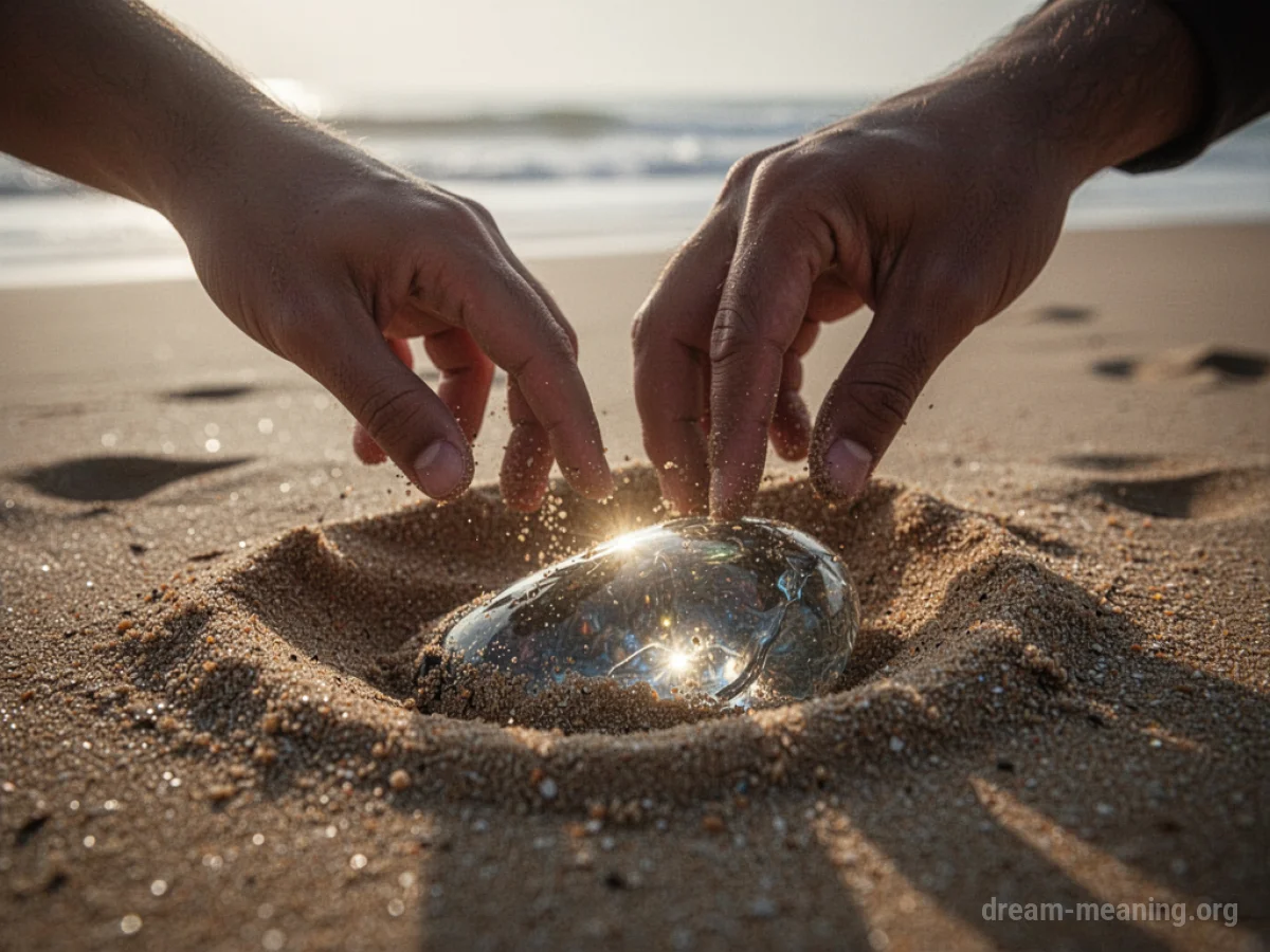 A hand reaching towards a partially buried object.