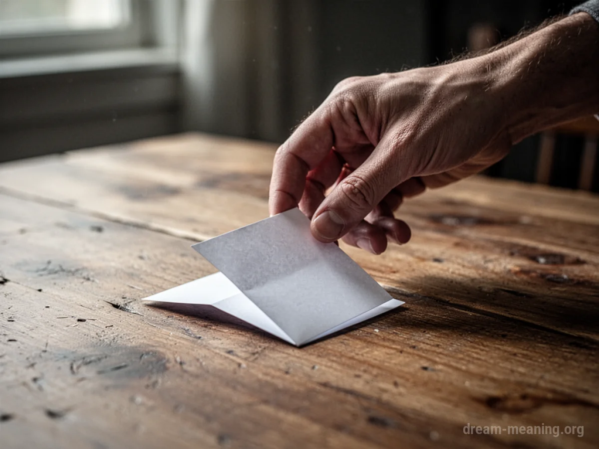 A hand reaching for a folded note on a table.