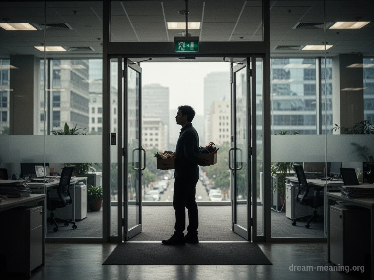 Silhouette of a person leaving an office building with a box.