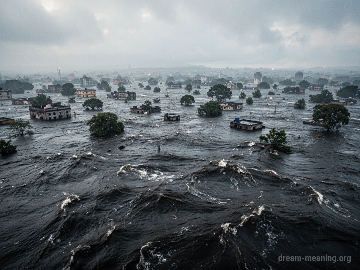 Dark, swirling floodwaters submerging a landscape.
