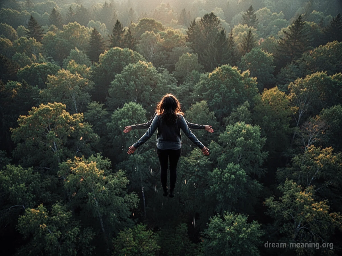 Silhouette of a person floating high above a thick forest.