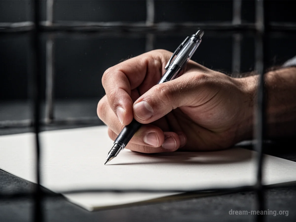 A hand holding a pen above a blank page with a dark, blurred background.