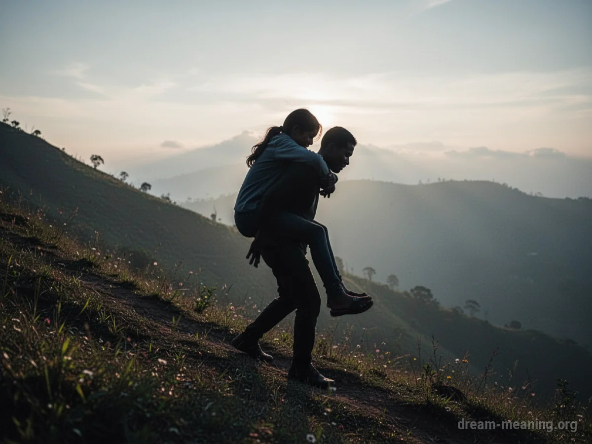 Silhouette of one person carrying another on their back up a hill.