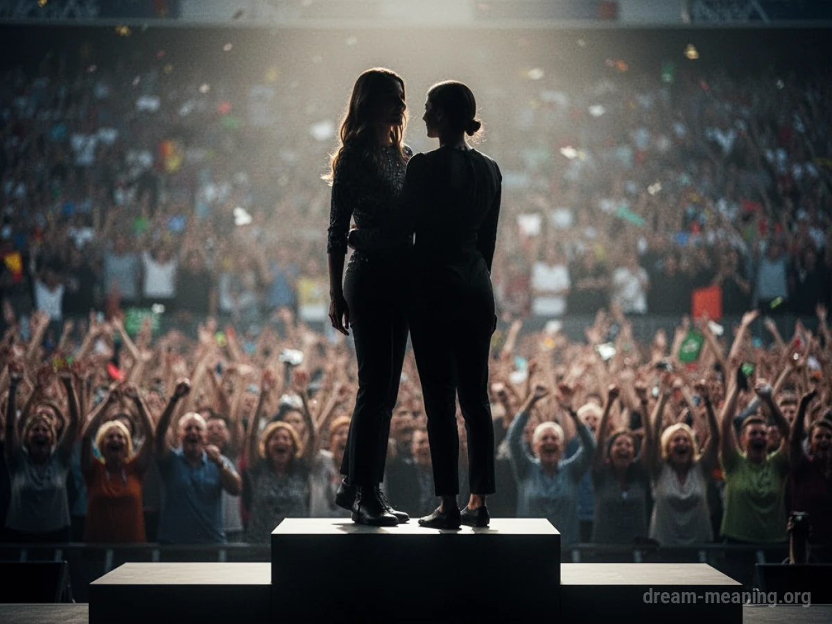 Silhouettes of two people on a podium.