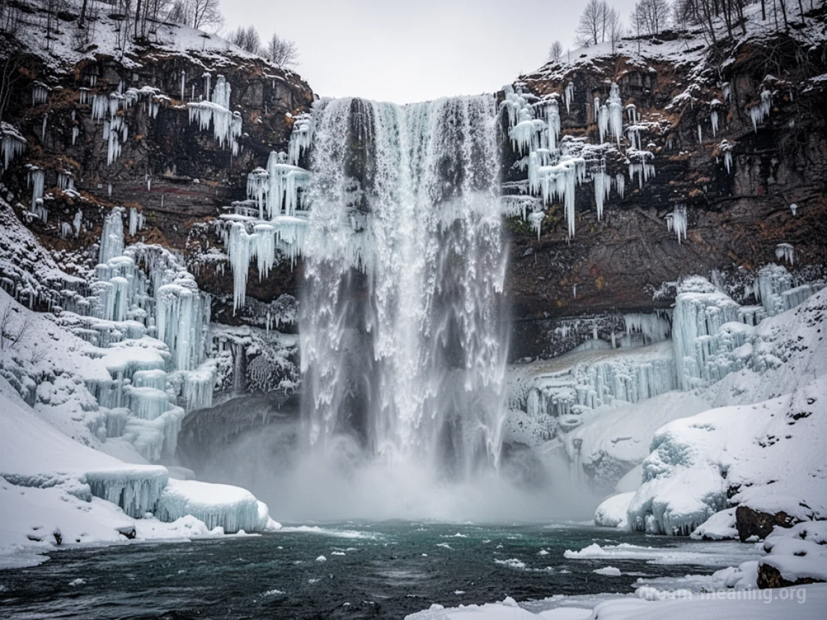 A frozen waterfall with solid ice covering the cascading water.