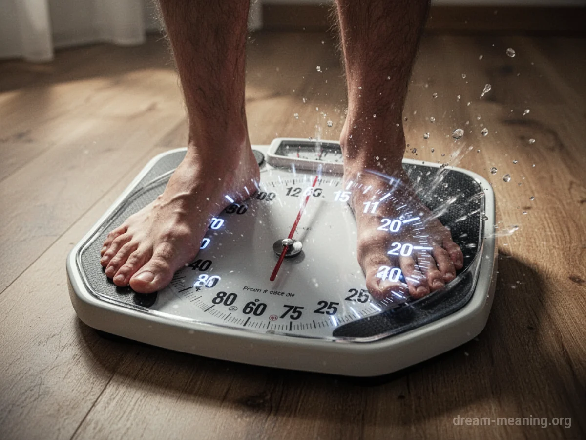 A person's legs and a scale with a rapidly increasing number.