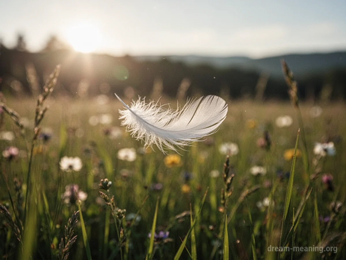 A feather drifts on a light wind.