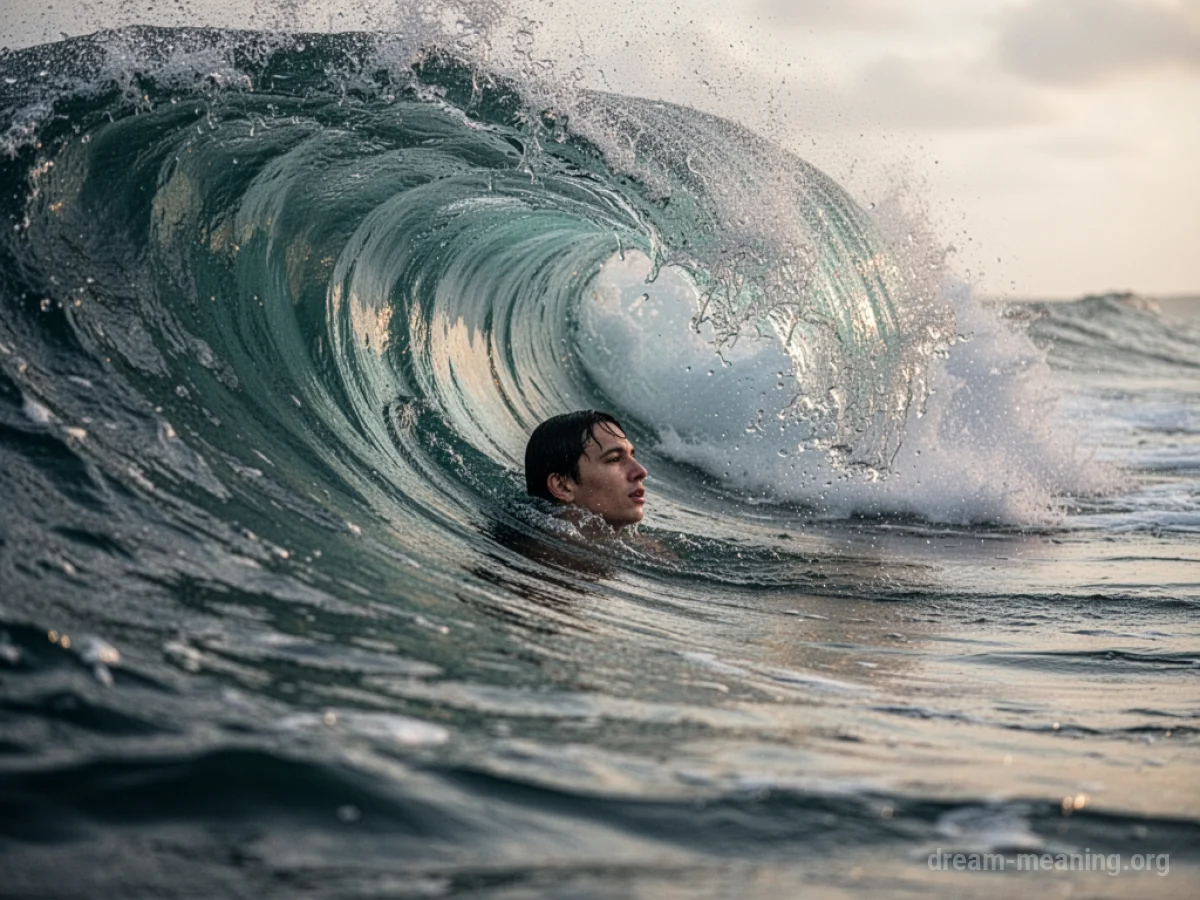 Silhouette of a person being engulfed by a large ocean wave.