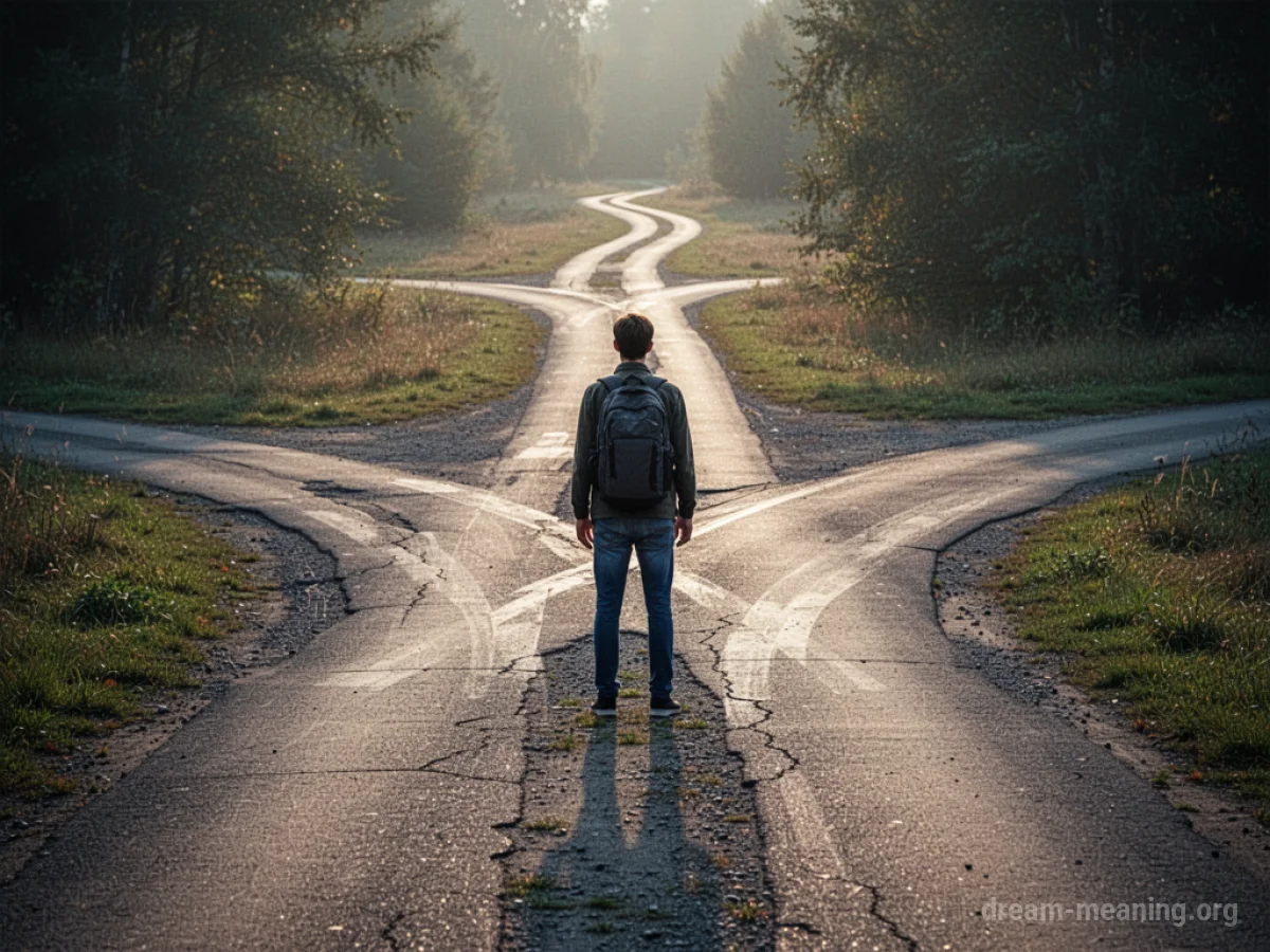 A person at a crossroads with several distinct paths stretching ahead.