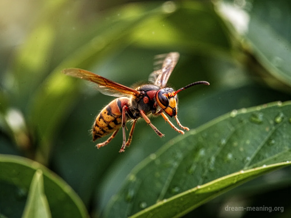 A close-up view of a wasp hovering in the air.
